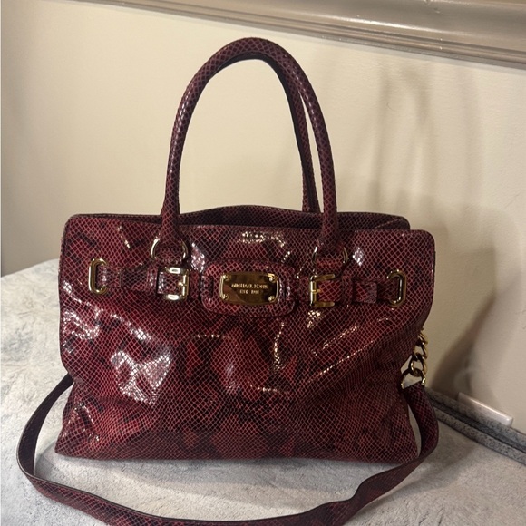 Michael Kors Handbags - Michael Kors Large Red & Black Python Embossed Leather Satchel - Gold HW
